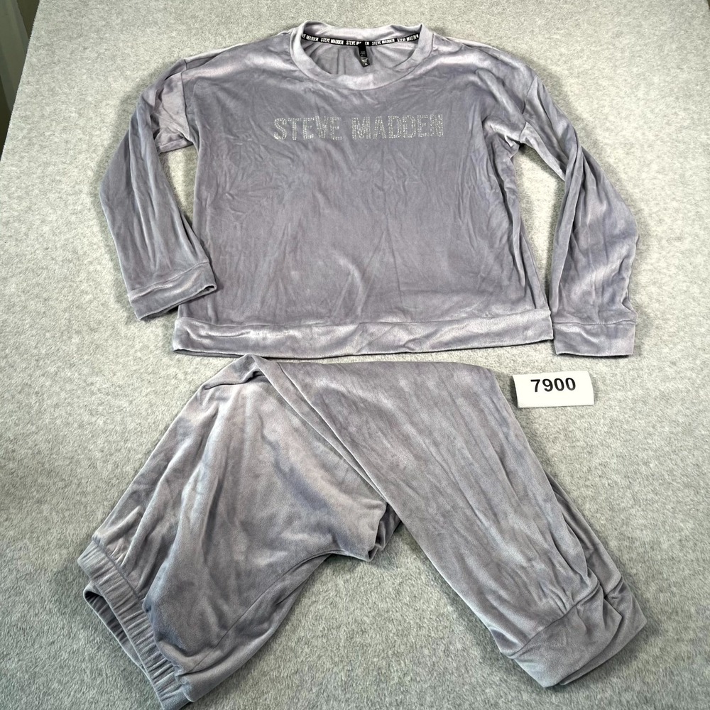 Steve Madden 2 Piece Lounge Set Womens XL Gray Velour Crew Neck Rhinestone Logo